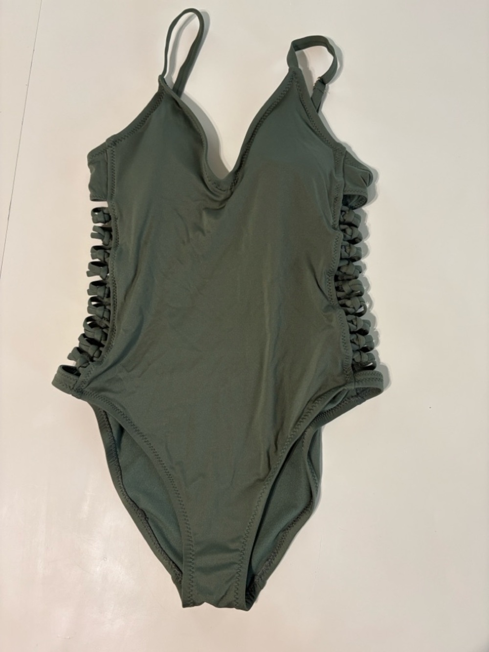 Olive Green One-Piece Swimsuit with Side Cutout Braided Detail
